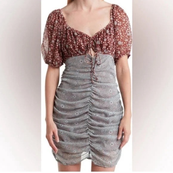 Free People Dresses & Skirts - Free People Floral Ruched Brown Open Back Pouf Sleeve Tie Tessa Mini Dress XS